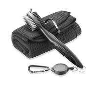 FUZVOL Black Golf Cleaner Brush and Microfibe Golf Towel Set Cleaning Kit Golf Brush Towel Portable with Clip Carabiner Waffle Pattern, Golf Accessories Gift for Men