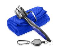 FUZVOL Blue Golf Brush and Microfiber Towel Cleaning Kit - Portable with Clip Carabiner, Waffle Pattern Golf Accessories Gift for Men