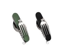 FUZVOL Folding Camping Cutlery Set Stainless Steel Portable Utensil 6 in 1 Multitool Outdoor Tableware for Travel, Hiking, Picnic (2 Pack), Black+Green