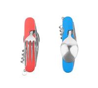 FUZVOL Folding Camping Cutlery Set Stainless Steel Portable Utensil 6 in 1 Multitool Outdoor Tableware for Travel, Hiking, Picnic (2 Pack), Blue+Red