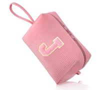 FUZVOL Makeup Bag for Women A-Z Personalized Make Up Bags Corduroy Makeup Pouch Small Cosmetic Bag Travel Toiletry Organizer Birthday Gifts for Women Mom Best Friend Bride Bridesmaid, Pink Letter J
