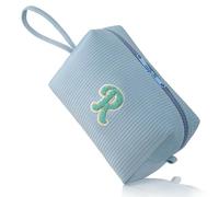 FUZVOL Makeup Bag for Women A-Z Personalized Make Up Bags Corduroy Makeup Pouch Small Cosmetic Bag Travel Toiletry Organizer Birthday Gifts for Women Mom Best Friend Bride Bridesmaid, Blue Letter R