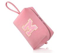 FUZVOL Makeup Bag for Women A-Z Personalized Make Up Bags Corduroy Makeup Pouch Small Cosmetic Bag Travel Toiletry Organizer Birthday Gifts for Women Mom Best Friend Bride Bridesmaid, Pink Letter M