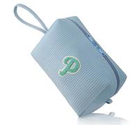 FUZVOL Makeup Bag for Women A-Z Personalized Make Up Bags Corduroy Makeup Pouch Small Cosmetic Bag Travel Toiletry Organizer Birthday Gifts for Women Mom Best Friend Bride Bridesmaid, Blue Letter P