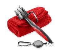 FUZVOL Red Golf Brush and Microfiber Towel Cleaning Kit - Portable with Clip Carabiner, Waffle Pattern Golf Accessories Gift for Men