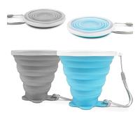 FUZVOL Silicone Foldable Mug with Lid for Camping,2 Pack Collapsible Silicon Cup for Travel,BPA Free Portable Drink Mugs Reusable Cups Retractable Mugs for Outdoor Hiking (Blue+Light Grey)
