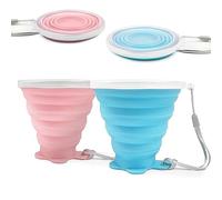 FUZVOL Silicone Foldable Mug with Lid for Camping,2 Pack Collapsible Silicon Cup for Travel,BPA Free Portable Drink Mugs Reusable Cups Retractable Mugs for Outdoor Hiking (Blue+Sakura Pink)