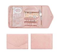 FUZVOL Travel Jewellery Organiser Roll, Foldable Jewelry Storage Roll Bag case for Journey-Rings, Necklaces, Earrings, Bracelets, Large Capacity, Portable and Practical Pink