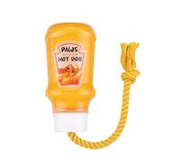 Fuzzl TPR Mustard Bottle Rubber Dog Toy with Rope - Durable Chew & Tug Toy for Small, Medium & Large Dogs - Tough - Interactive Fetch, Tug-of-War & Dental Health Play