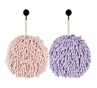 Fuzzy Ball Hand Towels, Set of 2, Chenille Quick Dry, 6.9inch (pink+purple)