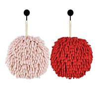 Fuzzy Ball Hand Towels, Set of 2, Chenille Quick Dry, 6.9inch (pink+red)