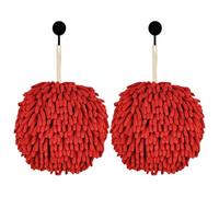 Fuzzy Ball Hand Towels, Set of 2, Chenille Quick Dry, 6.9inch (red)