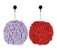 Fuzzy Ball Hand Towels, Set of 2, Chenille Quick Dry, 6.9inch (red+purple)