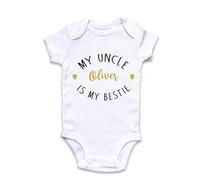 Fuzzy Cactus Personalised My Uncle is My Bestie Baby Grow Vest - Gold Text - New Baby - Brother Baby Announcement (White, Newborn)