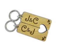 Fuzzy Cactus Personalised Wooden Valentines Initials Keyring - Heart Cut Out - Two Initials - Love Boyfriend Girlfriend Wife Husband Fiancé Anniversary Best Friend
