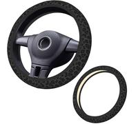 Fuzzy Car Steering Wheel Cover Universal Fit 15 inch Fur Auto Wheel Cover Leopard Warm Fluffy Vehicle Wheel Protector Leopard Print Car Accessories for Women Girls (Black)