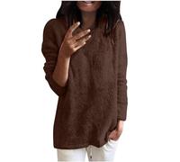 Fuzzy Fleece Pajama Tops for Women UK Soft Plush Crew Neck Pullover Lightweight Casual Long Sleeve Tunic Top Comfy Cozy Fluffy Winter Warm Jumpers Sweatshirt Longline Shirts Brown