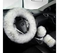 Fuzzy Genuine Sheepskin Steering Wheel Cover Set for Women Parents-Fluffy Soft Australian Merino Wool Fur Wrap with Gear Shift and Hand Brake Covers, Cozy Stylish Luxury Car Accessories (Wolf Tipped)