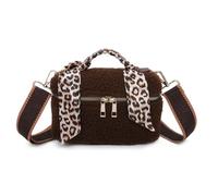 Fuzzy Glam Teddy Makeup Bag - Soft Textured Fabric - Scarf Handle Detail, Adjustable Strap & Gold Zip - 21 × 13 cm (Coffee)