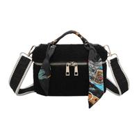 Fuzzy Glam Teddy Makeup Bag - Soft Textured Fabric - Scarf Handle Detail, Adjustable Strap & Gold Zip - 21 × 13 cm (Black)