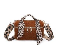 Fuzzy Glam Teddy Makeup Bag - Soft Textured Fabric - Scarf Handle Detail, Adjustable Strap & Gold Zip - 21 × 13 cm (Tobacco)