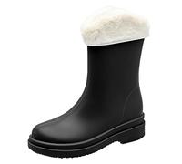 Fuzzy Heel Boots Non Slip Detachable with Cotton Inside Rain Boots Outdoor Rubber Water Shoes (Black, 6.5)