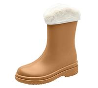 Fuzzy Heel Boots Non Slip Detachable with Cotton Inside Rain Boots Outdoor Rubber Water Shoes (Brown, 5.5)