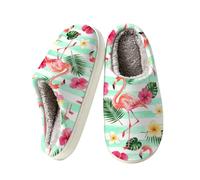 Fuzzy House Slippers for Women Men Warm Winter Shoes Indoor & Outdoor | Cozy Memory Foam Bedroom Shoes Comfy Plush Lining Slippers with Anti-Skid TPR Sole, Pink Flamingo Palm Leaf