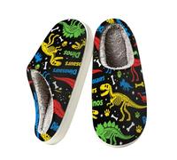 Fuzzy House Slippers for Women Men Warm Winter Shoes Indoor & Outdoor | Cozy Memory Foam Bedroom Shoes Comfy Plush Lining Slippers with Anti-Skid TPR Sole, Colorful Dinosaur Bones