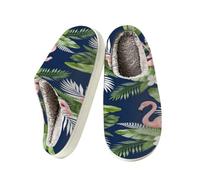 Fuzzy House Slippers for Women Men Warm Winter Shoes Indoor & Outdoor | Cozy Memory Foam Bedroom Shoes Comfy Plush Lining Slippers with Anti-Skid TPR Sole, Flamingo Palm Leaf