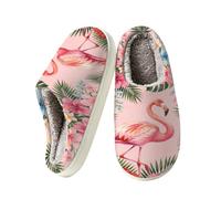 Fuzzy House Slippers for Women Men Warm Winter Shoes Indoor & Outdoor | Cozy Memory Foam Bedroom Shoes Comfy Plush Lining Slippers with Anti-Skid TPR Sole, Flower Flamingo Palm Leaf