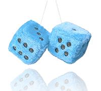 Fuzzy Plush Dice for Car Mirror, Pair of Retro 3” Light Blue Dice with Black Dots for Car Interior Hanging Ornament Decoration