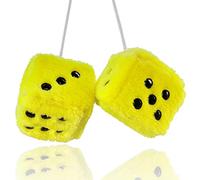 Fuzzy Plush Dice for Car Mirror, Pair of Retro 3” Yellow Dice with Black Dots for Car Interior Hanging Ornament Decoration