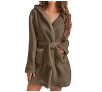 Fuzzy Robe for Women Mid Length Bathrobe Belted Solid Color Plush Kimono Robe with Pockets Soft Winter Spa Robes Womens Dressing Gowns,L