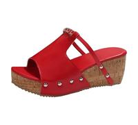 Fuzzy Slippers for Women Indoor - Open Toe Chunky Heels with Strap & Metal Locking Design Anti Slip & Wear (Red, 6.5)