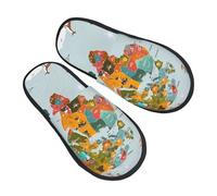 Fuzzy Slippers The Worl-D Map With Cartoon Animals Pattern Fluffy Slippers Non Slip Soft House Slipper For Hotel Spa Travel M