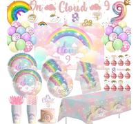 FVABO Pastel Rainbow Cloud 9 Birthday Decorations for Girls Tableware, We're On Cloud Nine 9th Birthday Party Supplies, Plate, Napkin, Cup, Backdrop, Balloon, Topper, Banner, Cutlery, Serves 24