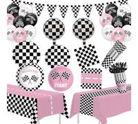 FVABO Race Car Birthday Party Decorations, Pink Racing Car Party Supplies for Girls Birthday Baby Shower, Banner, Paper Plate, Napkin, Cup, Race Theme Tablecloth, Cutlery, Balloons, Serves 24