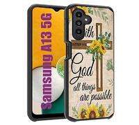 FVAENDHIO Galaxy A13 5G/A04S Case, Heavy Duty Dual Layer Hybrid Hard PC & Soft Silicone Shockproof Protective Case, Christian Cross Quote Bible Verse Matthew 19:26