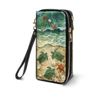 FVAENDHIO Women's Large Capacity Wallet PU Leather Double Zipper Clutch Purse Multifunctional Wallet with Removable Wristlet Strap for Smart Phone/Coin/Card/Cash, Skull Flower, Beach Turtle, Two