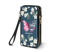 FVAENDHIO Women's Large Capacity Wallet PU Leather Double Zipper Clutch Purse Multifunctional Wallet with Removable Wristlet Strap for Smart Phone/Coin/Card/Cash, Skull Flower, Floral Butterfly Bible