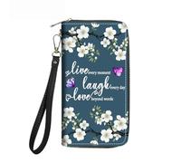 FVAENDHIO Women's Large Capacity Wallet PU Leather Double Zipper Clutch Purse Multifunctional Wallet with Removable Wristlet Strap for Smart Phone/Coin/Card/Cash, Watercolor Art Pug, Floral Quote Live