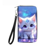 FVAENDHIO Women's Large Capacity Wallet PU Leather Double Zipper Clutch Purse Multifunctional Wallet with Removable Wristlet Strap for Smart Phone/Coin/Card/Cash, Watercolor Art Pug, Cute Cat, One