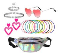 FVBKCOT 17 Piece 80s Fancy Dress Costume Accessories Set, Women's Retro Party Outfit, Silver Fanny Pack, Heart Glasses, Bracelets, Choker, Earrings, for Women Girls Retro Theme Party