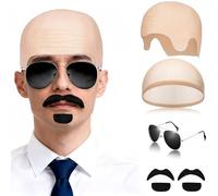 FVCENT 5 PCS Bald Cap Costume Set with Glasses Fake Beard Hair Suitable for Women Men Makeup Dance Halloween Cosplay Black