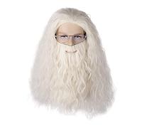 FVCENT Long Curly Mens Wizard Mustache Wig Halloween Costume Cosplay Viking White Wig Glasses and Beard (White)
