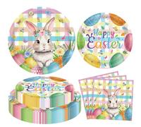 FVEOCR 120PCS Colorful Checkered Happy Easter Plates and Napkins Easter Bunny Paper Tableware Set Buffalo Plaids Eggs Bunny Circle Party Supplies for Spring Holiday Party Dinner Table Decor Serve40