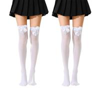 FveVqe 2 Pair White Thigh High Socks with Bow, Classic White Knee High Socks, Hold Ups Thigh High Stockings, Fashion White Stockings for Women Girl Christmas Halloween Accessories