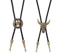 FveVqe 2Pcs Cowboy Necklace, Bolo Tie Set for Men/Women, Adjustable Cowboy Neck Tie with Vintage Cow Skull & Star Pendants, Handmade Leather Cowboy Tie Rodeo Accessories, Valentine's Day Gift