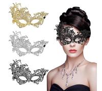 FveVqe 3Pcs Masquerade Mask for Women, Venetian Lace Half Face Mask, Elegant Masquerade Ball Masks for Halloween/Carnival/Prom, Sexy Mardi Gras Costume, Luxury Masquerade Masks (Black/Gold/Silver)